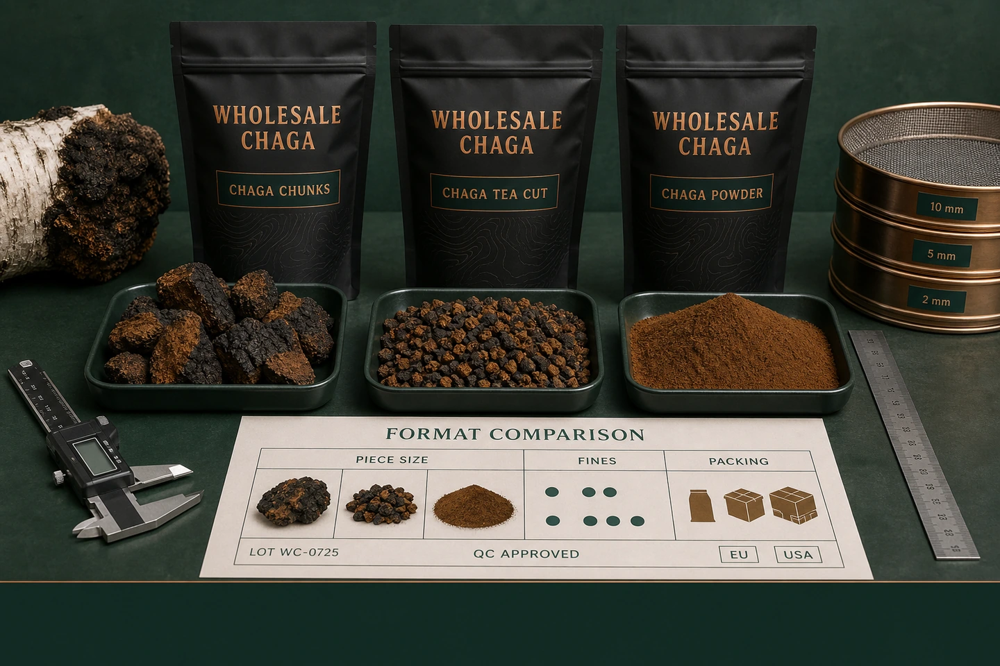 Chaga Chunks, Tea Cut and Powder: a Wholesale Comparison - professional Chaga wholesale visual
