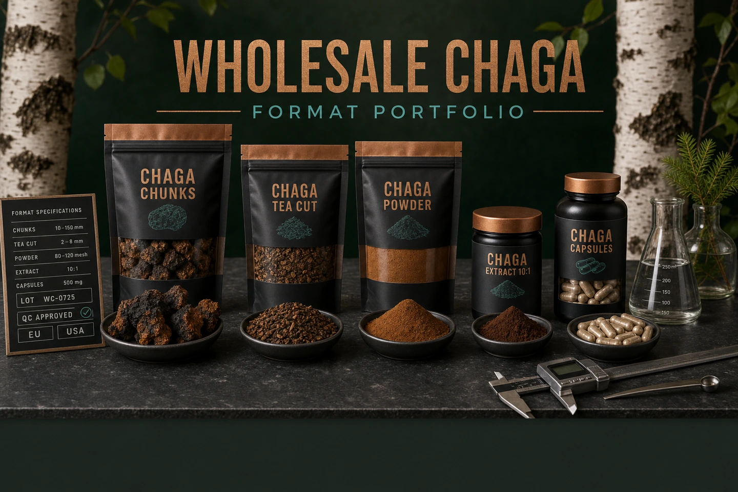 Chunks, Tea Cut, Powder, Extract and Capsules Across a Chaga Range - professional Chaga wholesale visual